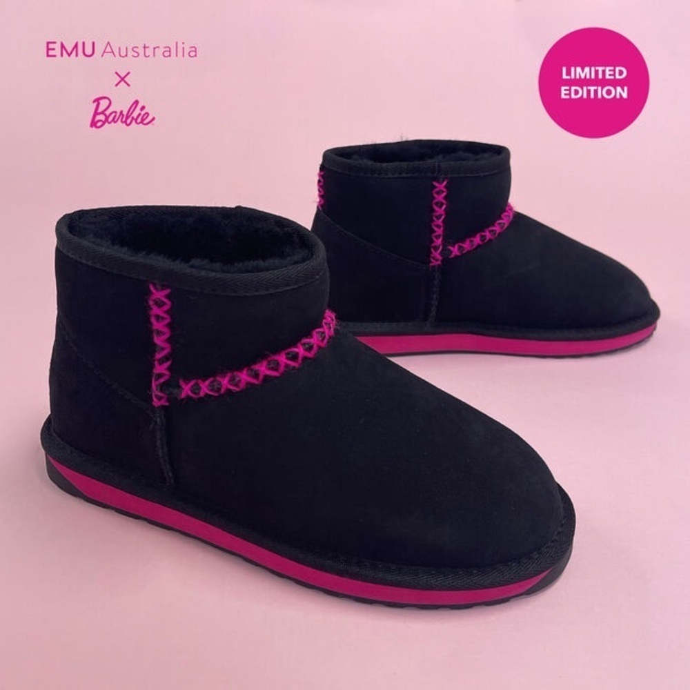 Emu Stinger Micro Stitch x Barbie boots black pink new Women’s Size 7